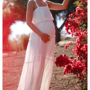 Pinkblush In Loom White Swiss Dot Ruffle Lace Trim Tiered Maternity Maxi Dress M